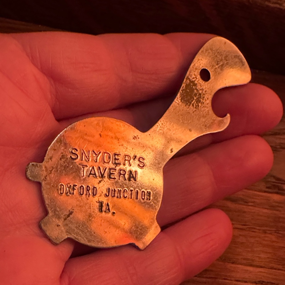 Antique turtle metal key chain bottle opener with Snyders Tavern Oxford Junct IA